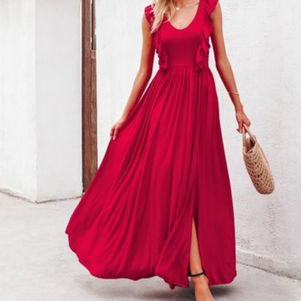 Red Slit-Front Ruffle Sleeveless Maxi Dress